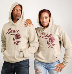 khaki hoodie with rose logo